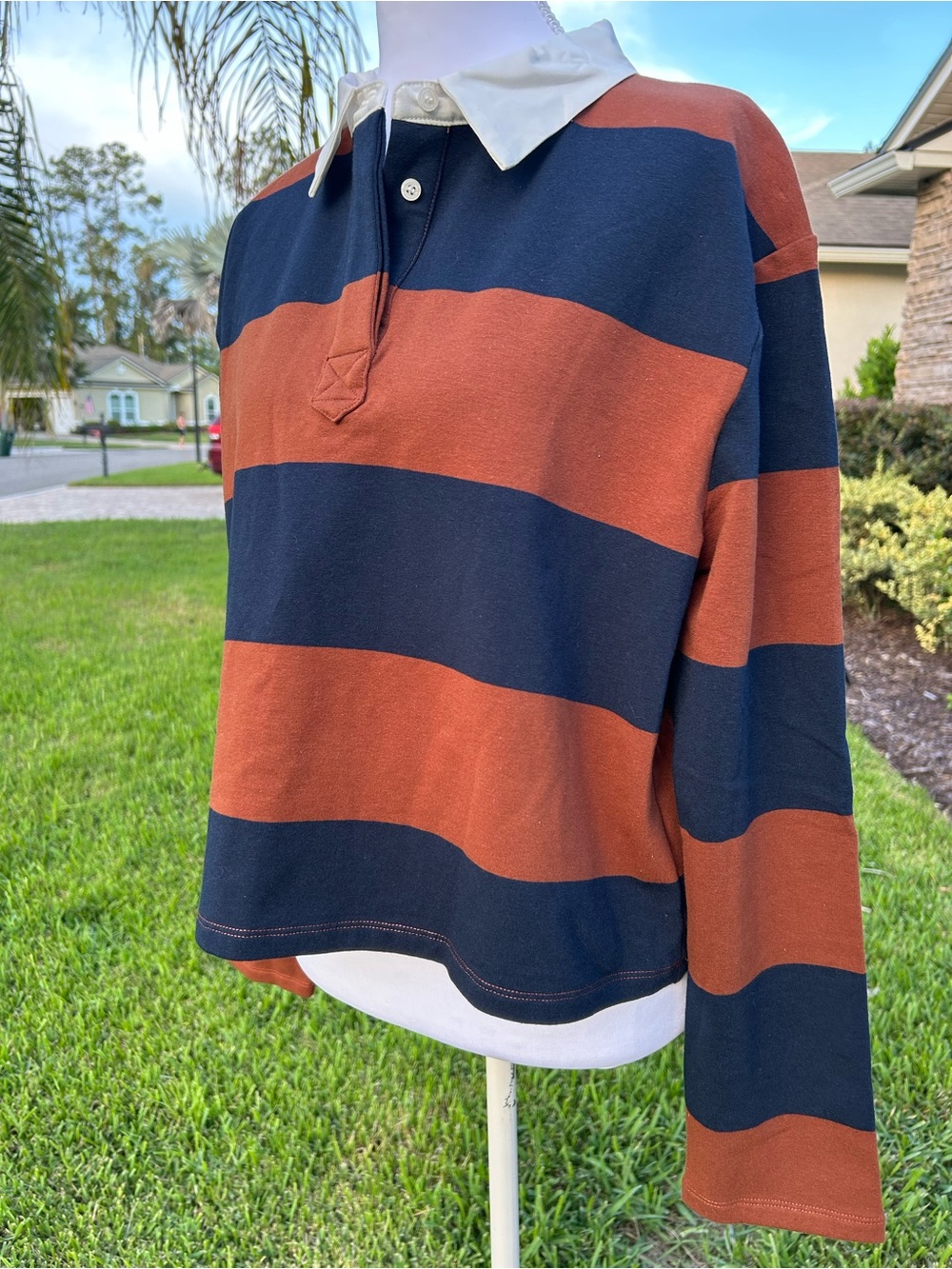NWT🌷Sugarlips Chocolate Rugby Striped Collared Long Sleeve Top